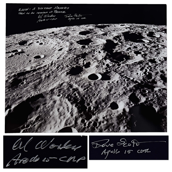 Al Worden & Dave Scott Signed 20 x 16 Photo of the Moons Surface -- Worden Additionally Writes His Famous Quote About Seeing Earth From the Moon