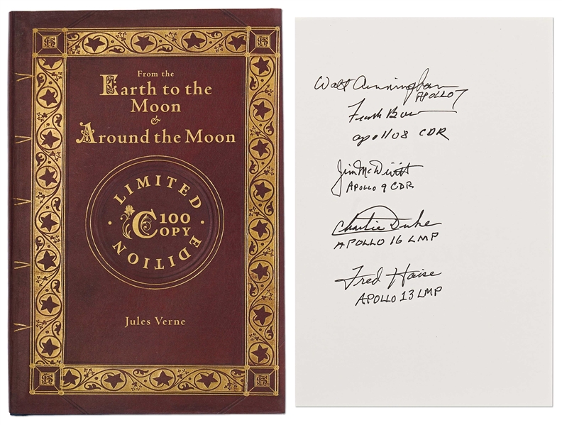 From the Earth to the Moon & Around the Moon Limited Edition Novel Signed by Five Apollo Astronauts: Walt Cunningham, Frank Borman, James McDivitt, Charlie Duke & Fred Haise