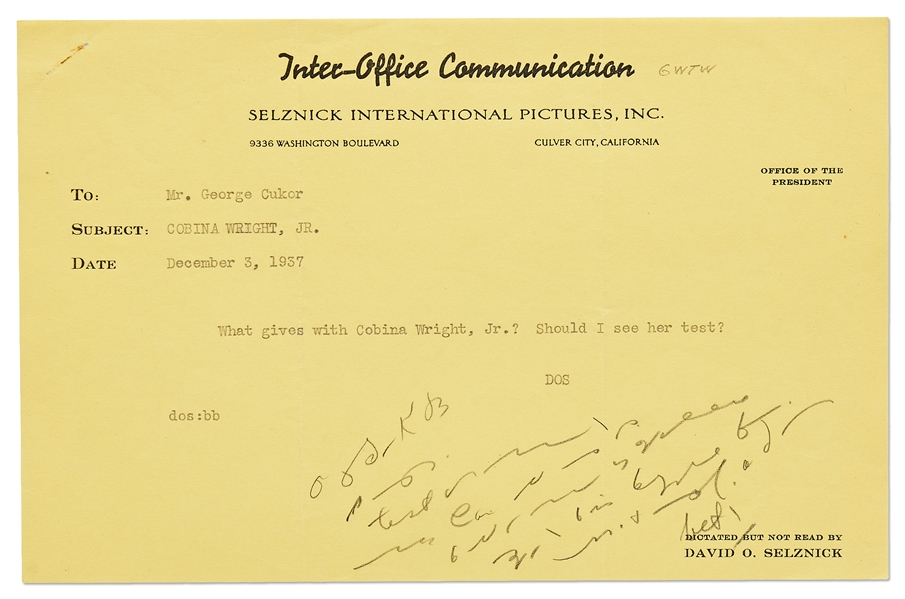 Gone With the Wind Memo From David O. Selznick to Director George Cukor, Likely Regarding Casting for the Role of Scarlett -- What gives with Cobina Wright, Jr.? Should I see her test?