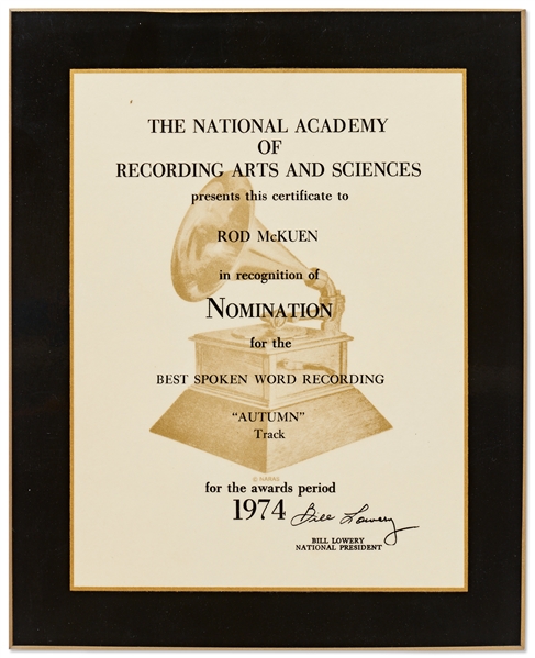 Grammy Nomination for Best Spoken Word Recording, Awarded to Poet Rod McKuen in 1974 for Autumn