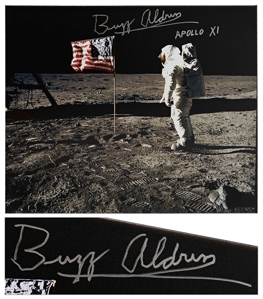 Buzz Aldrin Signed Canvas of the Iconic Apollo 11 Image Showing Aldrin Standing Next to the U.S. Flag -- Measures 24 x 20