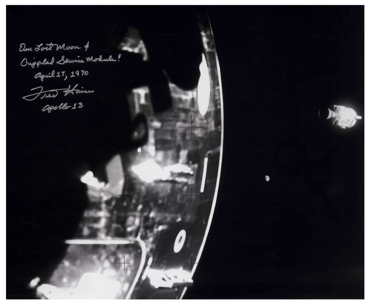 Dramatic 20 x 16 Photo Signed by Fred Haise, Showing the Apollo 13 Damaged Service Module & Our Lost Moon in the Far Distance
