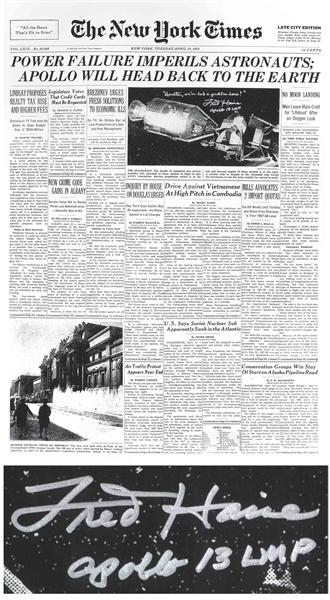 Fred Haise Signed ''New York Times'' Poster From 14 April 1970, With Dramatic Reporting on the Apollo 13 Disaster -- Haise Also Writes, '''Houston, we've had a problem here!'''