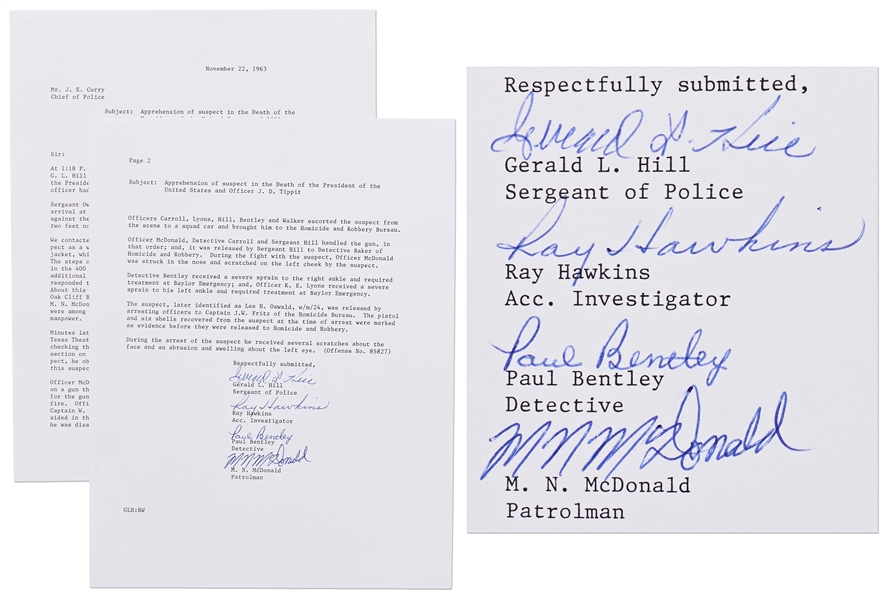 Lee Harvey Oswald Arrest Document With Fascinating Account of Oswalds Apprehension -- Signed by All Four Arresting Officers -- …the officer and the suspect wrestled for the gun…