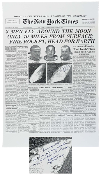 Frank Borman Signed ''New York Times'' Poster From Christmas 1968 -- Borman Additionally Writes ''From Apollo 8, good night, Merry Christmas and God Bless''
