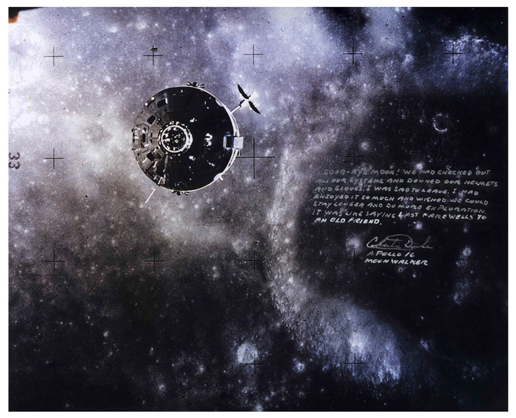Charlie Duke Signed 20 x 16 Photo of the Apollo 16 Lunar Module After Leaving the Moon -- Good-Bye Moon!…It was like saying last farewells to an old friend