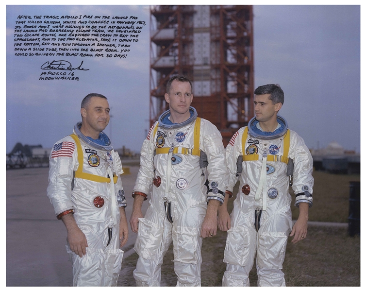 Apollo 16 Moonwalker Charlie Duke Signed 20 x 16 Photo of the Apollo 1 Crew -- Duke Served on the Post-Fire Team to Improve Safety for the Apollo Astronauts