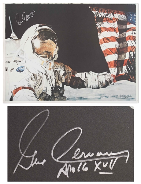 Gene Cernan Signed Moon Landing Artwork -- Cernan Was the Last Man to Walk on the Moon