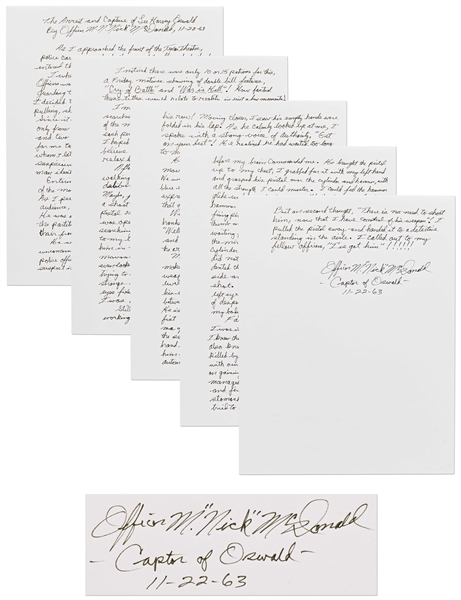 Lee Harvey Oswald Arrest Document Signed by Officer Nick McDonald, With Fascinating First-Hand Account of Oswalds Apprehension -- ...I stared into his icy cold, steel blue eyes...