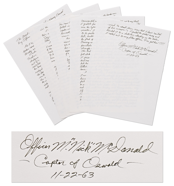 Lee Harvey Oswald Arrest Document Signed by Officer Nick McDonald, With Fascinating First-Hand Account of Oswald's Apprehension -- ''...I stared into his icy cold, steel blue eyes...''