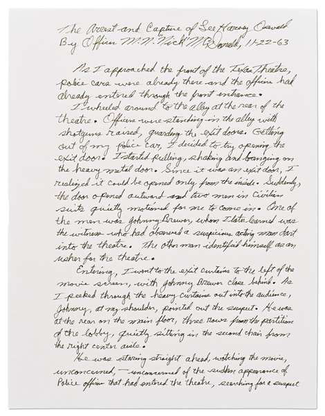 Lee Harvey Oswald Arrest Document Signed by Officer Nick McDonald, With Fascinating First-Hand Account of Oswald's Apprehension -- ''...I stared into his icy cold, steel blue eyes...''