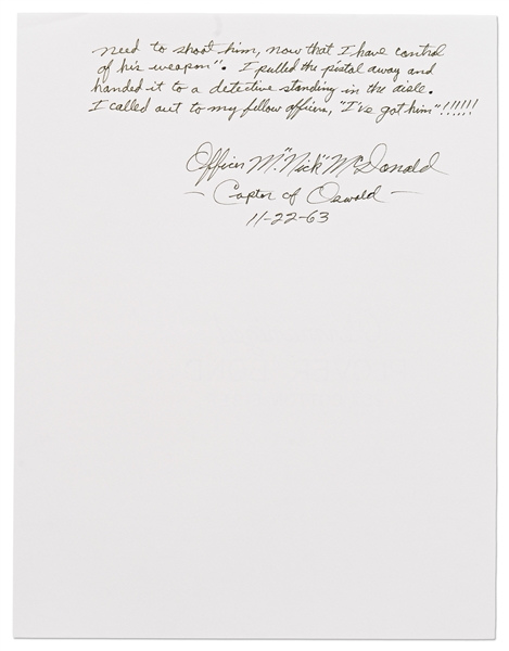 Lee Harvey Oswald Arrest Document Signed by Officer Nick McDonald, With Fascinating First-Hand Account of Oswald's Apprehension -- ''...I stared into his icy cold, steel blue eyes...''