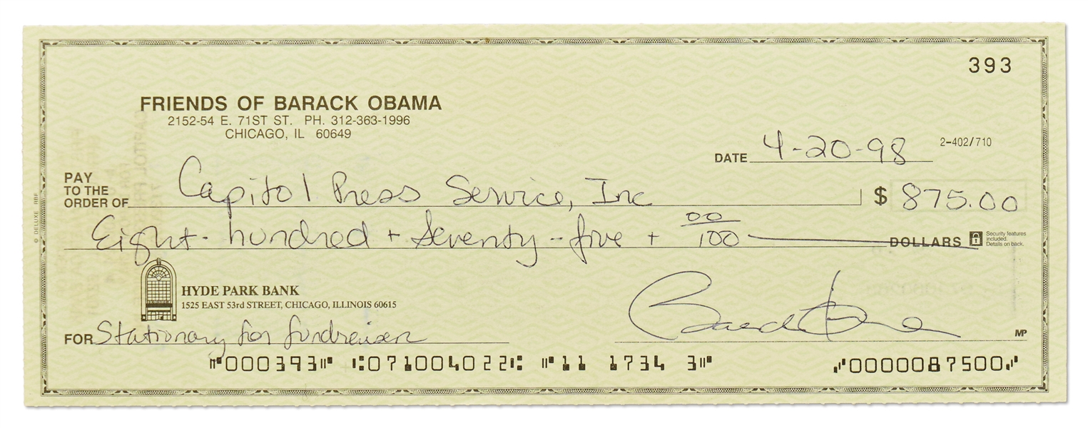 Barack Obama Check Signed from the ''Friends of Barack Obama'' Bank Account