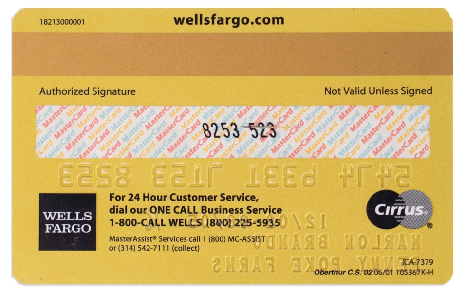 Marlon Brando's Personally Owned Wells Fargo MasterCard -- Business Card Issued to Brando Through His Company Penny Poke Farms