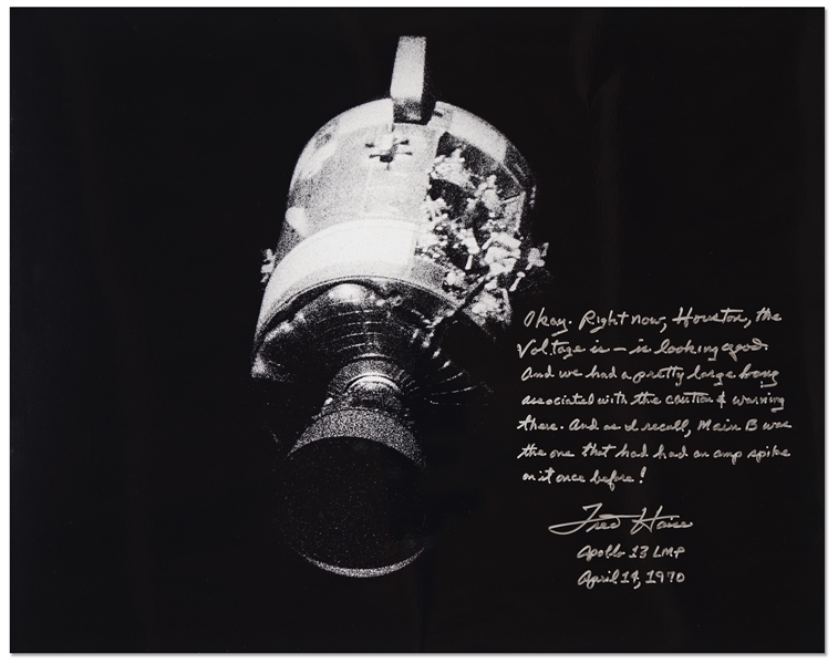 Fred Haise Signed 20'' x 16'' Photo of Apollo 13's Damaged Service Module -- ''...And we had a pretty large bang...''
