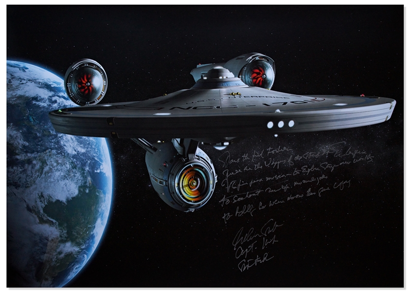 William Shatner Signed Oversized ''Star Trek'' Photo Measuring 33'' x 47'' -- Shatner Writes the Famous Title Sequence Introduction: ''Space the Final Frontier...William Shatner / Capt. Kirk / Star...