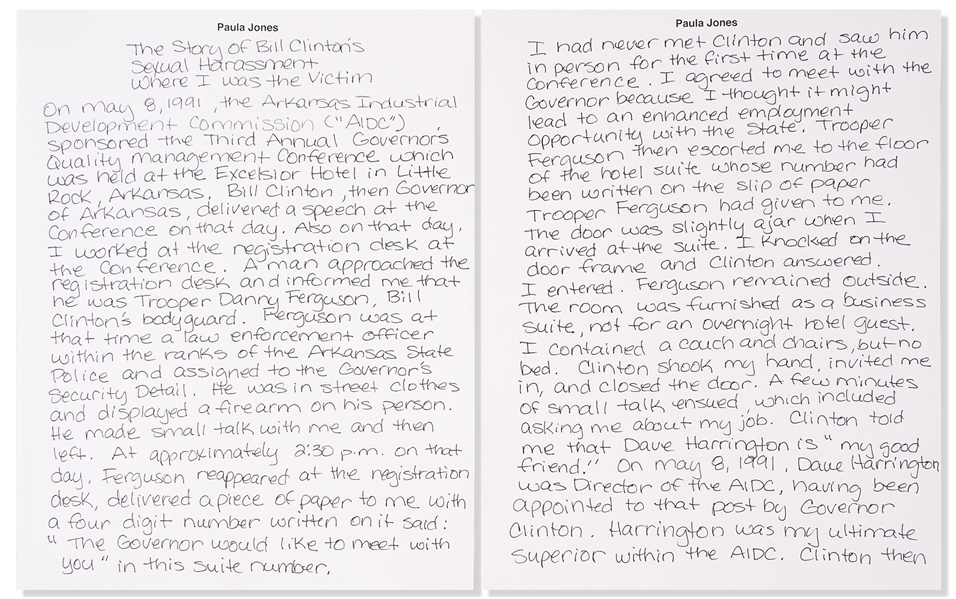Paula Jones Handwritten, Signed Statement re Bill Clinton: ''Clinton then approached the sofa and as he sat down he lowered his trousers...''