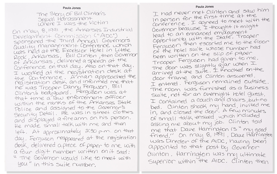 Paula Jones Handwritten, Signed Statement re Bill Clinton: ''Clinton then approached the sofa and as he sat down he lowered his trousers...''