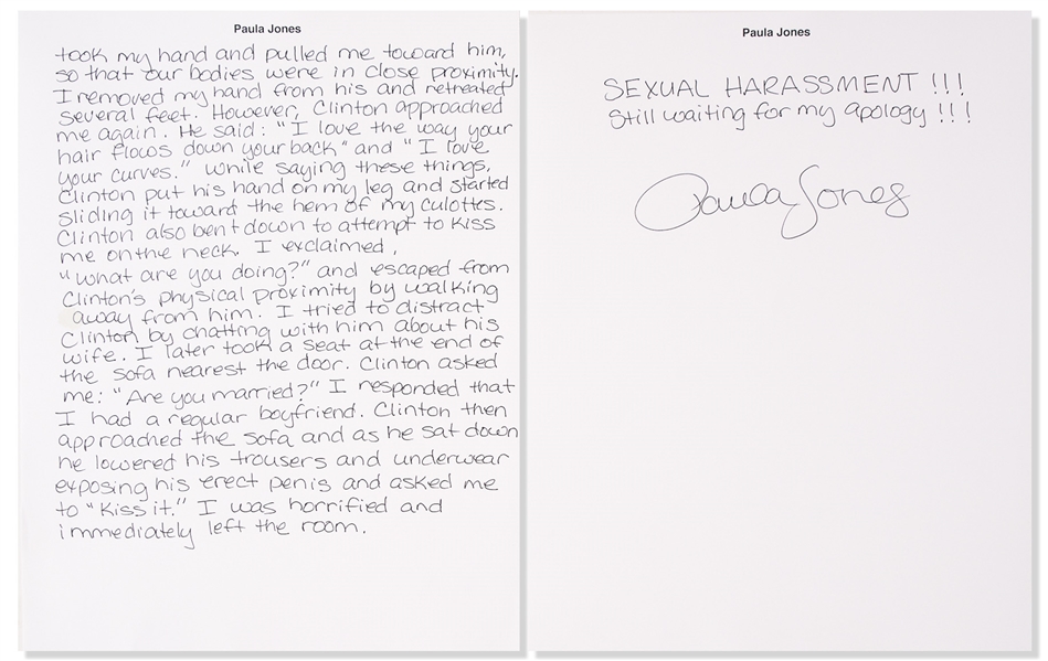 Paula Jones Handwritten, Signed Statement re Bill Clinton: ''Clinton then approached the sofa and as he sat down he lowered his trousers...''