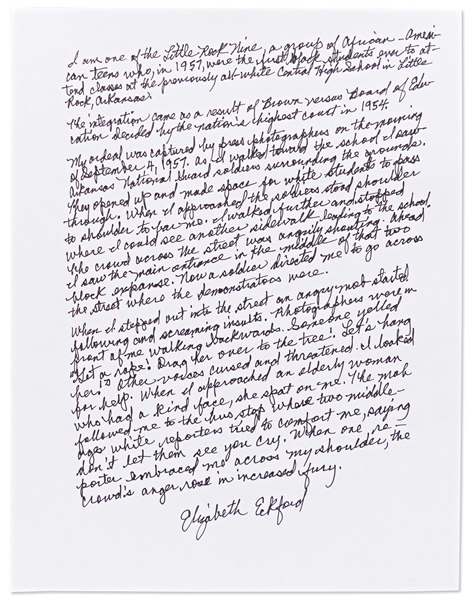Elizabeth Eckford Autograph Essay Signed Regarding Her First Day of School as Part of the ''Little Rock Nine'' When She Was Surrounded and Harassed by the White Mob