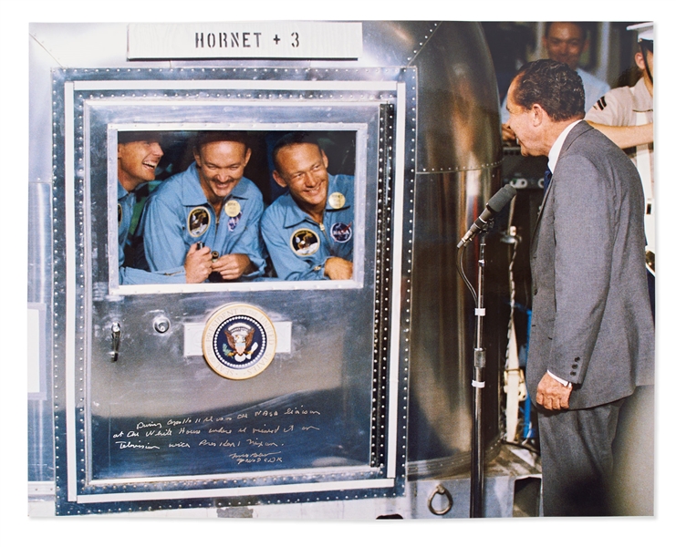 Frank Borman Signed 20'' x 16'' of Richard Nixon Visiting the Apollo 11 Crew in Quarantine -- Borman Writes that He Watched the Apollo 11 Moon Landing with Nixon