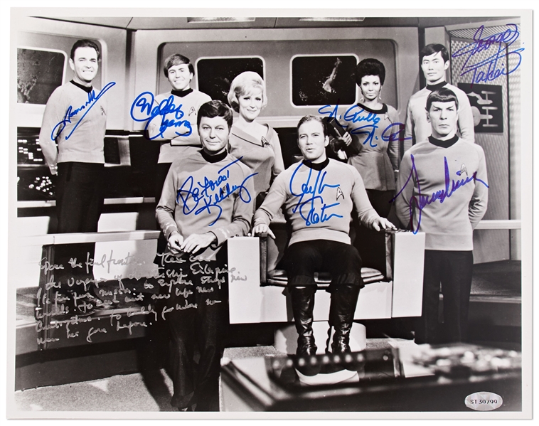 Star Trek Cast-Signed 14'' x 11'' Photo -- With William Shatner Additionally Handwriting the Famous Opening Sequence