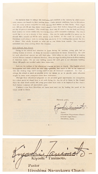 Kiyoshi Tanimoto Fundraising Letter Signed for the Hiroshima Peace Center Foundation