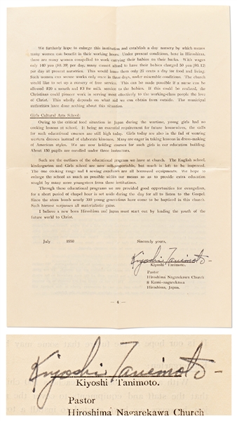 Kiyoshi Tanimoto Fundraising Letter Signed for the Hiroshima Peace Center Foundation