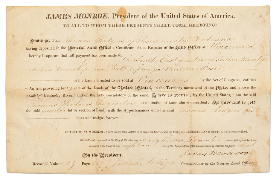 James Monroe Signed Land Grant as President