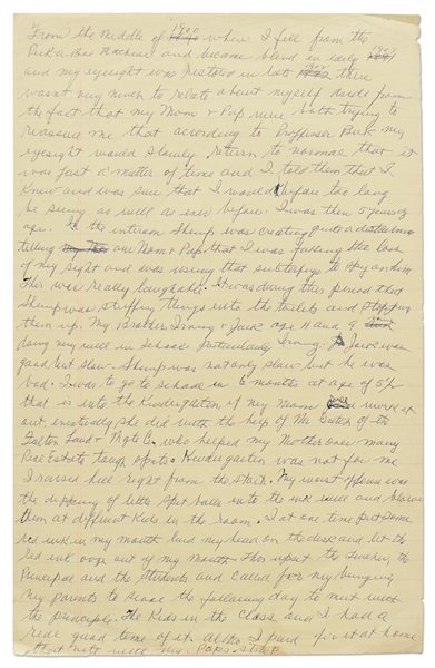 Moe Howard's Handwritten Manuscript Page When Writing His Autobiography -- Moe Remembers His Childhood, Full of Pranks & Losing His Eyesight: ''I raised hell right from the start''