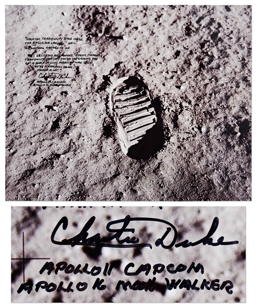 Charlie Duke Signed 20 x 16 Photo of the Famous Apollo 11 Footprint -- Duke Served as Apollo 11 CAPCOM and Describes the Moment When the Eagle Touched Down on the Moon