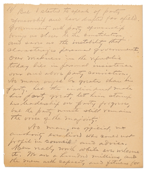 Warren G. Harding Signed & Handwritten 33pp. Speech -- ''We ought to declare an end to bureaucracy, crowned with autocracy…to a government by law and the free activities of a law-abiding people''