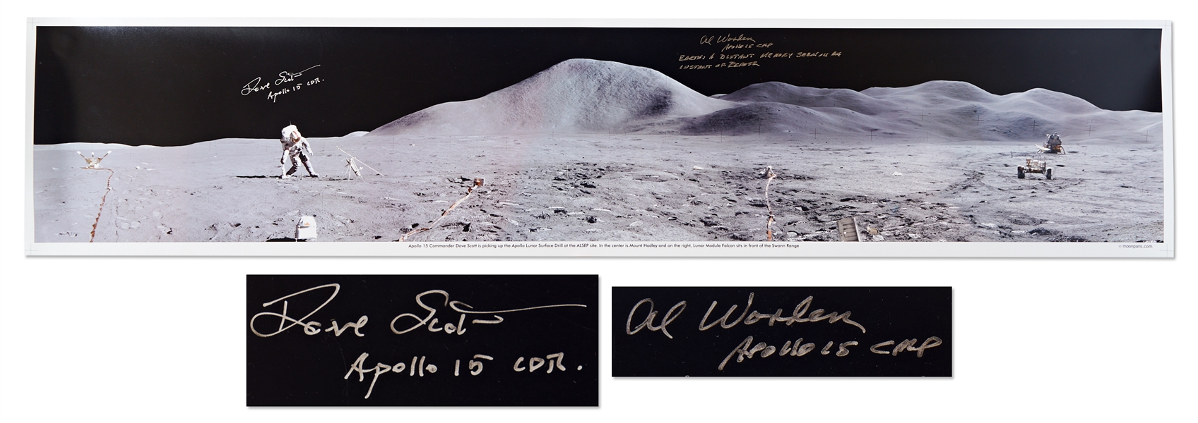 Al Worden & Dave Scott Signed Panoramic 40.5 x 8.5 Photo of the Moons Surface -- Worden Additionally Writes His Famous Quote About Seeing Earth From the Moon