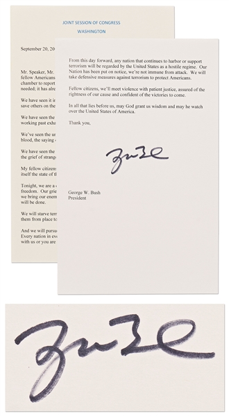 George W. Bush Signed Speech Delivered to Congress on 20 September 2001 -- Bush Calls on Nations to Choose a Side: ''Either you with us or you are with the terrorists'' -- With Beckett COA