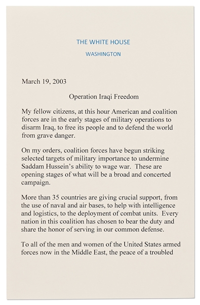 George W. Bush Signed Speech Delivered on 19 March 2003, Announcing the Commencement of Operation Iraqi Freedom -- With Beckett COA