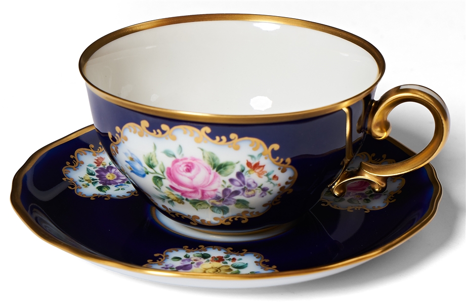 Margaret Thatcher Personally Owned China -- Tea Cup & Saucer in a Navy Blue Floral Pattern