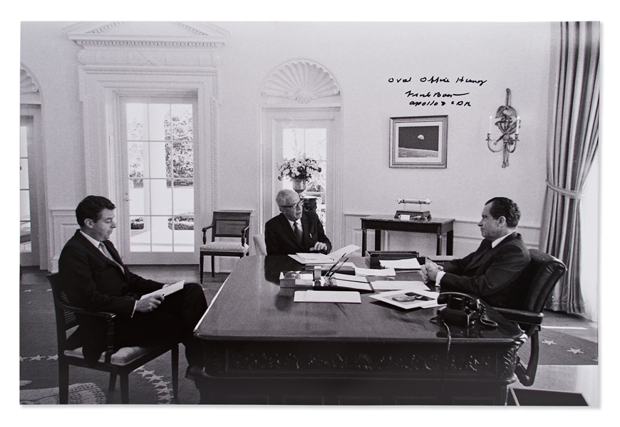 Frank Borman Signed 20'' x 16'' Photo of Richard Nixon in the Oval Office, With Borman's Famous ''Earthrise'' Photo Hanging on the Wall