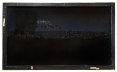 ''L.A. Story'' Screen-Used Matte Painting by Syd Dutton Showing Los Angeles at Night, With Backlighting on Reverse -- Large Painting Measures 70'' x 42''