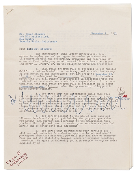 James Stewart Signed Contract to Appear on Bing Crosby's Radio Program -- With JSA COA