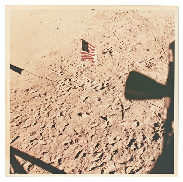 Apollo 11 Photo Measuring 8 x 8 Printed on A Kodak Paper -- The U.S. Flag Standing Sentry on the Moon
