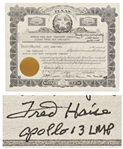 Fred Haise Signed Souvenir Stock Certificate for the Apollo Long Haul Transport Company -- Haise Signs the Gag Certificate, Houston weve had a problem here!