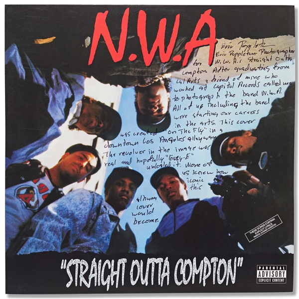Straight Outta Compton LP Record Album Signed by the Photographer of the Iconic Photo with Essay on That Shot -- The revolver…was real
