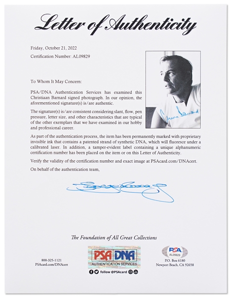 Dr. Christiaan Barnard Signed Photo -- Barnard Performed the First Human Heart Transplant Operation -- With PSA/DNA COA