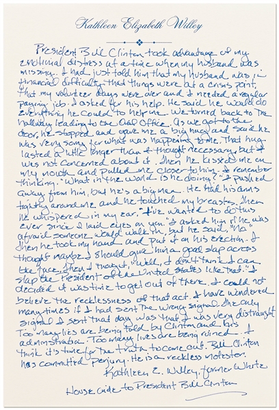 Kathleen Willey Autograph Essay Signed Describing Her Encounter with Bill Clinton in the Oval Office -- ''...Too many lives are being ruined...He is a reckless molester...''