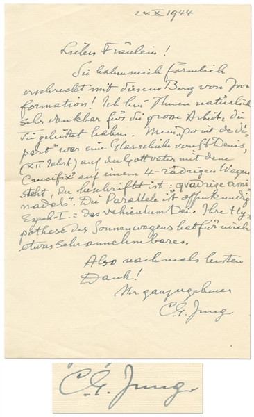 Carl Jung Autograph Letter Signed -- Jung Describes a 12th Century Religious Symbol
