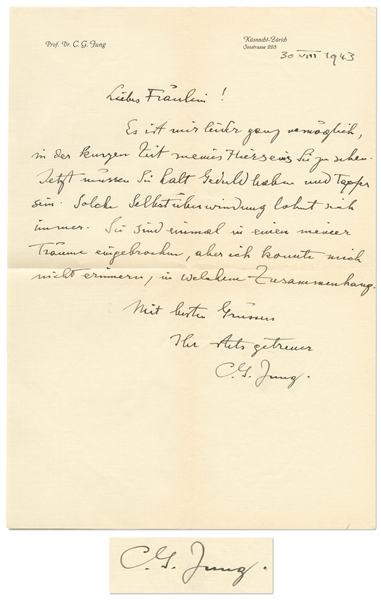 Carl Jung Autograph Letter Signed -- ''...You recently broke into one of my dreams...''