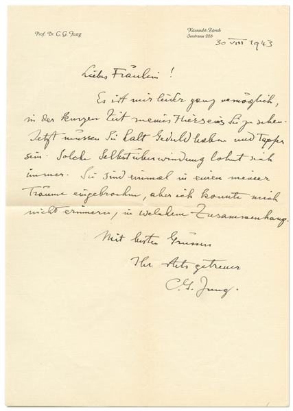Carl Jung Autograph Letter Signed -- ''...You recently broke into one of my dreams...''