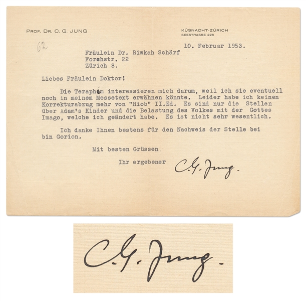 Carl Jung Letter Signed from 1953 with Mention of the Catholic Mass and Answer to Job