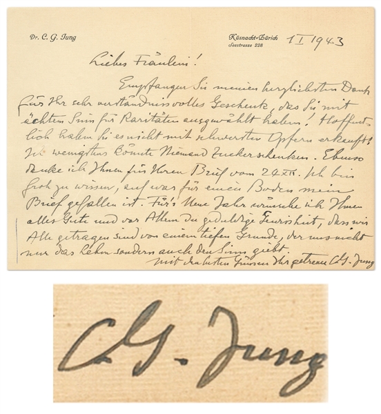Carl Jung Autograph Letter Signed -- ''...I wish you...the patient certainty that all of us are borne by a profound reason that not only gives us life but meaning as well...''
