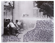 Incredible 20 x 16 Photo Essay Handwritten & Signed by Gwendolyn Sanders, Who Led the 1963 Student Protest in Birmingham, Alabama -- ...Birmingham firemen used these water hoses against us...